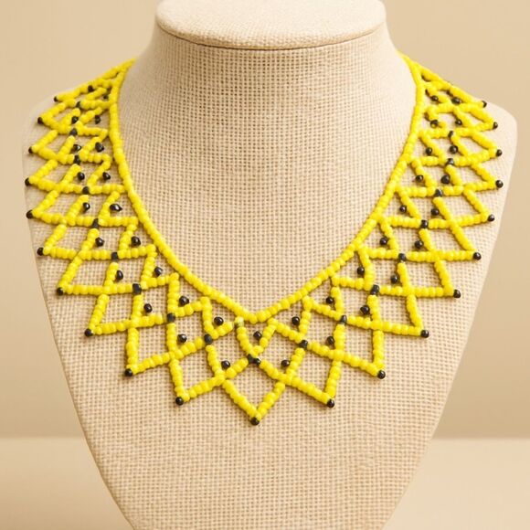 Vintage Yellow Handmade Seed Bead Tribal Bib Collar Choker Necklace - Picture 1 of 3